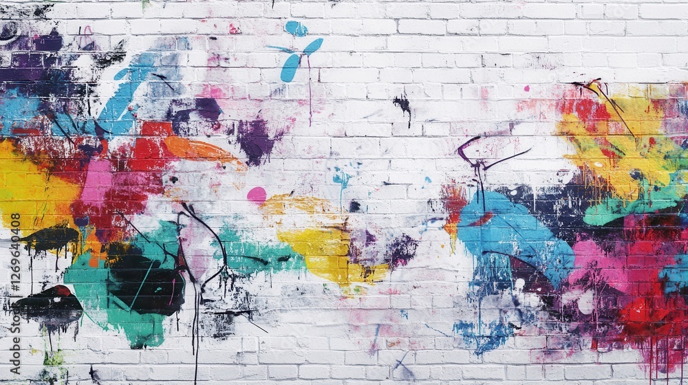 Naklejka premium Vivid Graffiti Art on White Brick Wall, Urban Environment, Street Art, Colorful Background, Creative Viewpoint
