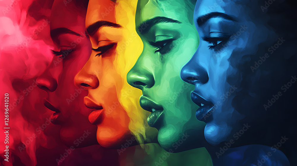 Fototapeta premium Vibrant abstract art showing diverse female profiles with rainbow colors, colorful faces, artistic portrait, diversity concept, multicolor creativity, artistic expression, digital artwork
