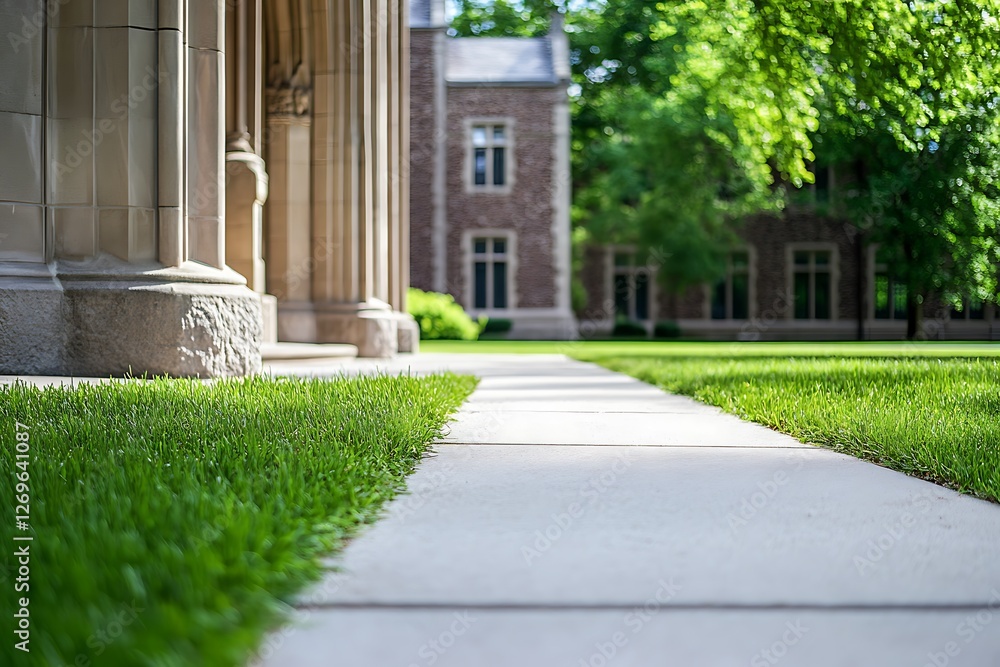 Fototapeta premium Tranquil Campus Pathway with Lush Green Grass