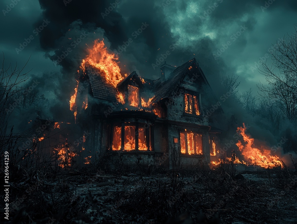 Spooky scene of a burning house in the dark night landscape Spooky scene of a burning house in the dark night landscape