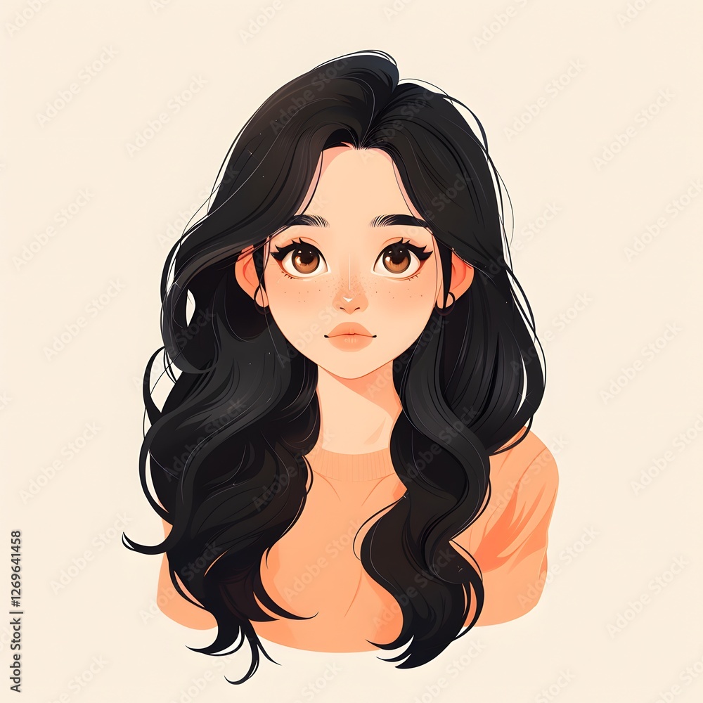 Alluring Female Character with Flowing Black Hair in Digital