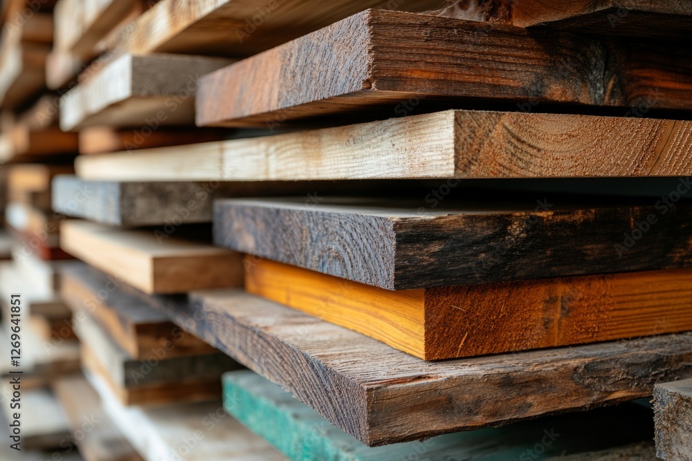 Wooden planks stacked high, showcasing diverse colors and textures, ready for woodworking, construction, or design projects Wooden planks stacked high, showcasing diverse colors and textures, ready for woodworking, construction, or design projects