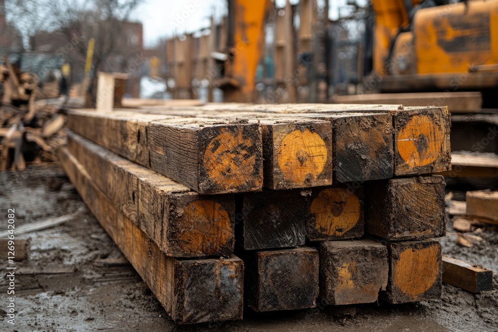 Reclaimed lumber beams stacked at muddy construction site with heavy equipment in background Reclaimed lumber beams stacked at muddy construction site with heavy equipment in background