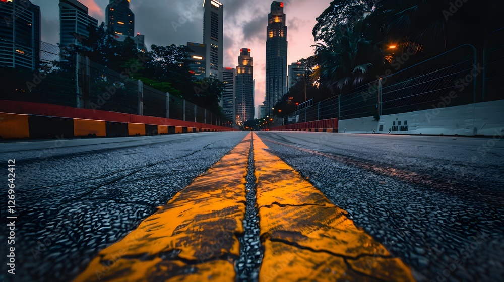 Deserted Futuristic City Skyline at Dramatic Night with Illuminated Skyscrapers and Glowing Road