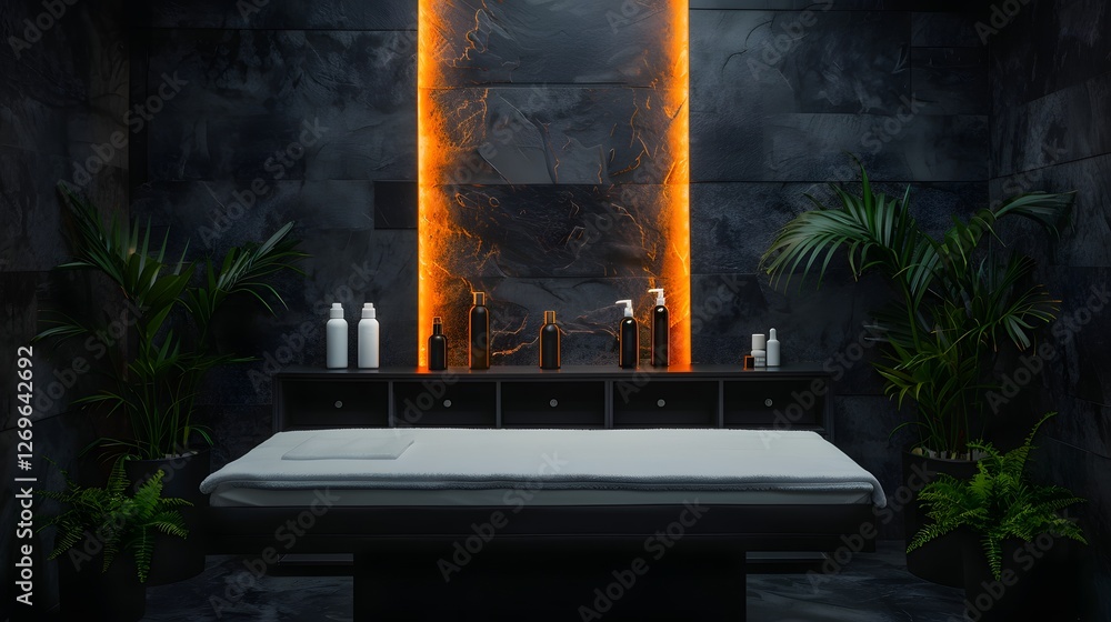 Dramatic and Luxurious Bathroom Sanctuary with Tropical Accents and Warm Lighting
