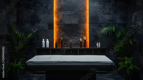 Obraz na płótnie Dramatic and Luxurious Bathroom Sanctuary with Tropical Accents and Warm Lighting w salonie