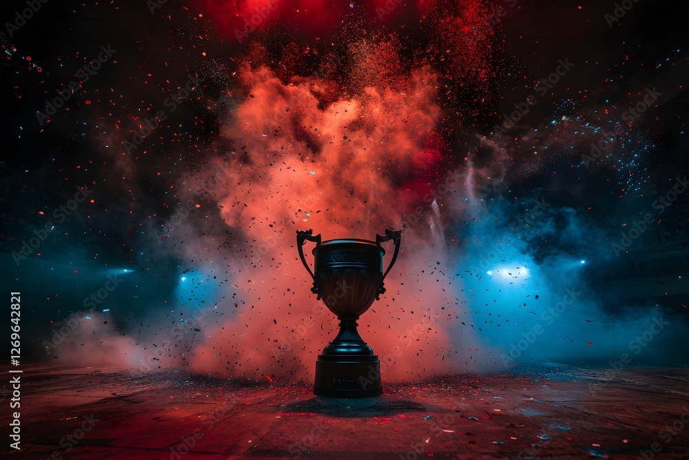 Dramatic Fireworks Exploding Around Glowing Trophy on Dark Background