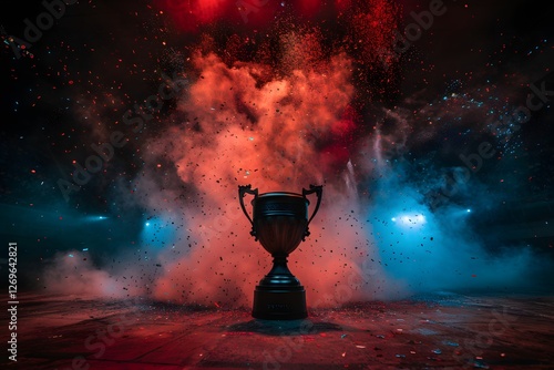 Obraz na płótnie Dramatic Fireworks Exploding Around Glowing Trophy on Dark Background w salonie