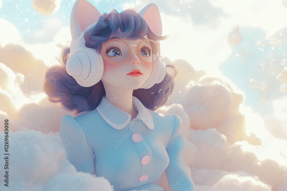 Fototapeta premium A dreamy 3D anime girl with cat ears, headphones, and glasses, sits amidst fluffy clouds.