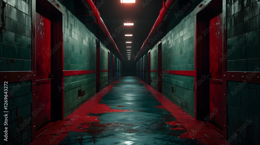 Eerie Abandoned Hallway with Ominous Red and Green Lighting in Moody Urban Industrial Setting