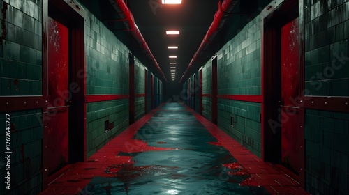 Obraz na płótnie Eerie Abandoned Hallway with Ominous Red and Green Lighting in Moody Urban Industrial Setting w salonie