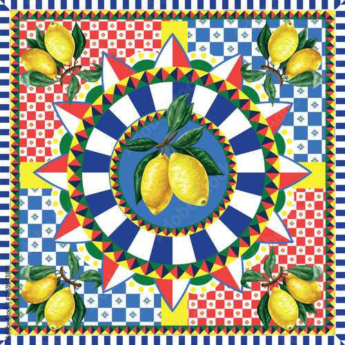 Design scarf with lemons and vivid tile ornament. Vector.