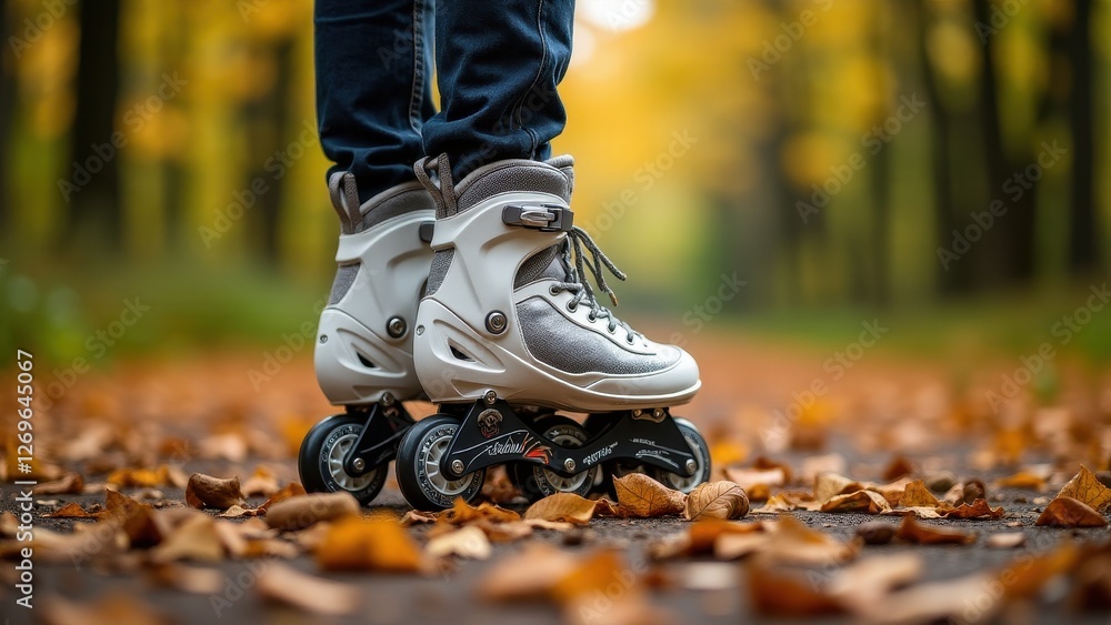 Skating lessons, Rollerblades on forest path fallen leaves photorealistic. Skating lessons, Rollerblades on forest path fallen leaves photorealistic.
