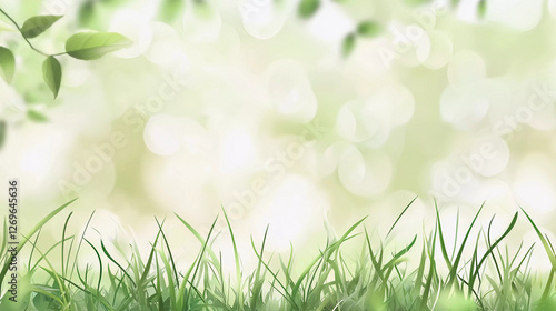 banner background with green grass plants in spring on bokeh background