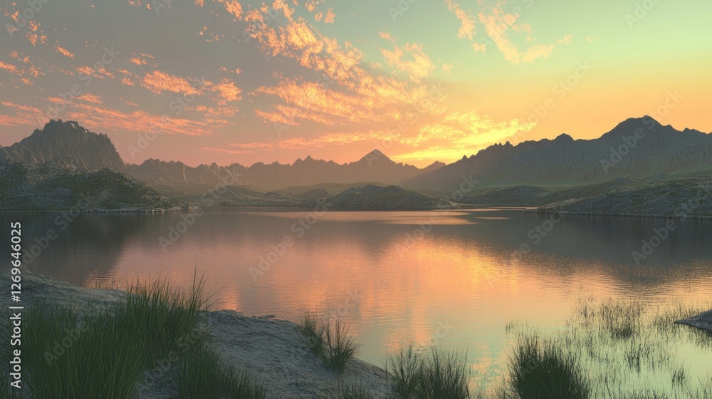 Fototapeta premium Tranquil lake reflecting the sky and mountains at sunset