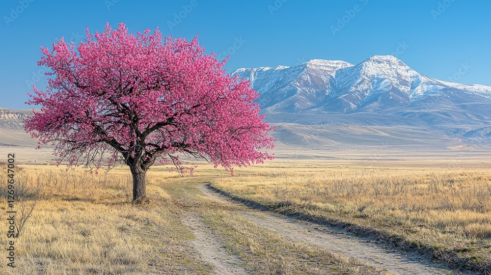 apricot tree stands tall beautiful pink blossoms soft morning light. clear blue sky highlights tree’s colors while snow capped mountains loom in background. apricot tree stands tall beautiful pink blossoms soft morning light. clear blue sky highlights tree’s colors while snow capped mountains loom in background.