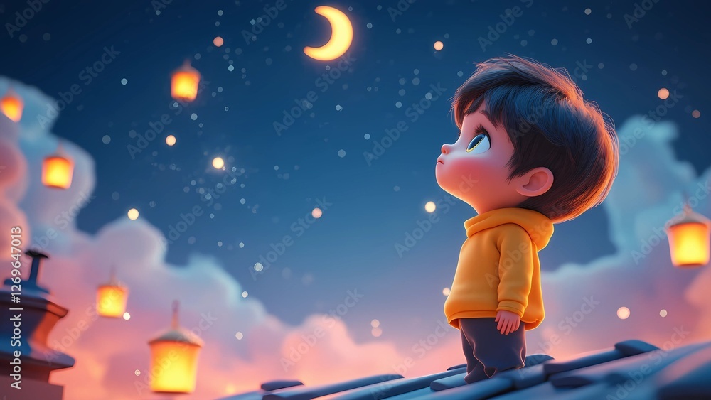 Naklejka premium Boy Watching Ramadan Crescent Moon