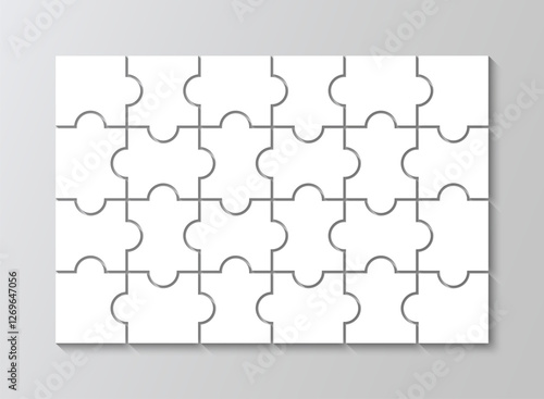 Puzzle grid template with 4x6 details. Puzzle pieces. Jigsaw layout. Laser cut frame. Vector illustration. Thinking mosaic game with 24 separate shapes on background. Paper leisure toy.