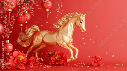 beautiful gold horse symbol of asian chinese new year 2026 with Chinese lantern decor.
