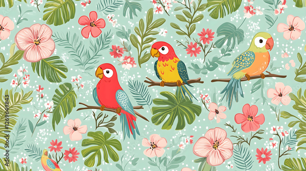 Vibrant 2D Parrot Pattern with Tropical Foliage and Exotic Flowers
Vibrant 2D Parrot Pattern with Tropical Foliage and Exotic Flowers