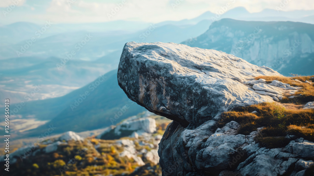 Obraz premium A beautiful mountain plateau on a mountain with a protruding rock, a plateau overlooking a mountain range, a natural wonder, a stunning plateau with a fantastic view.