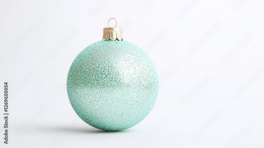 Festive green glitter christmas ornament studio setting product photography minimalist style close-up view
