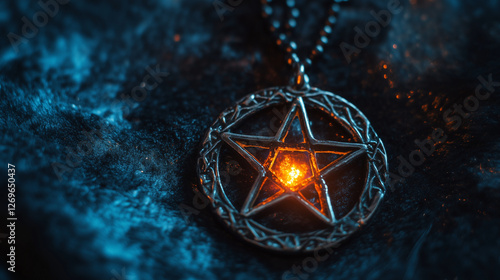 A close-up of a pentagram amulet resting on dark velvet, glowing with magical power photo