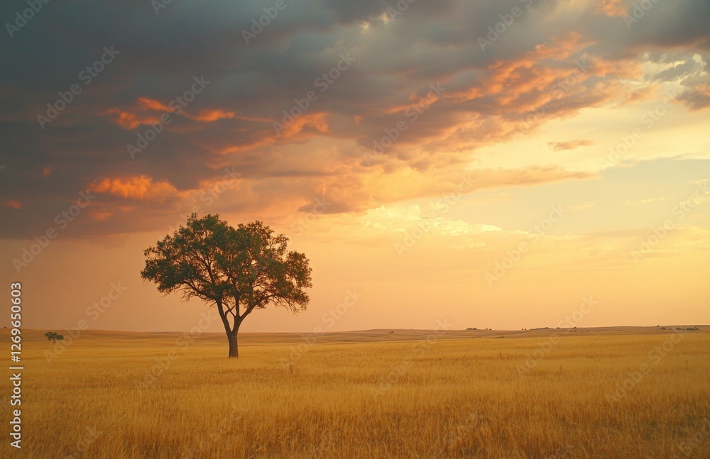 Lonely tree in golden field at sunset, dramatic sky Lonely tree in golden field at sunset, dramatic sky