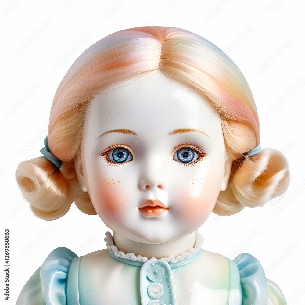Fototapeta premium A doll with blonde hair and blue eyes is sitting on a white background