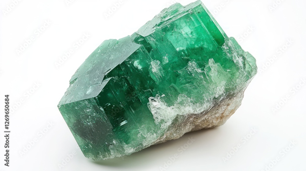 Green fluorite crystal cluster on white background, geology specimen Green fluorite crystal cluster on white background, geology specimen