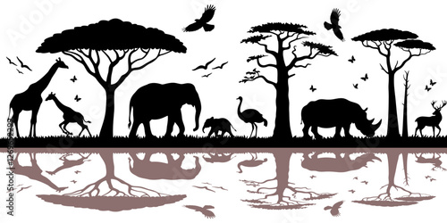 Silhouette of animals and birds in the savannah. African landscape scene. Vector horizontal seamless tropical background with rhinos, giraffes and flying birds. Black isolated silhouette