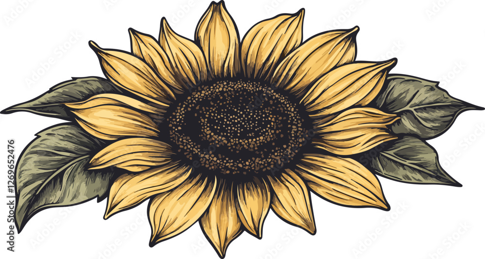 Fototapeta premium Illustration of a Sunflower with Leaves