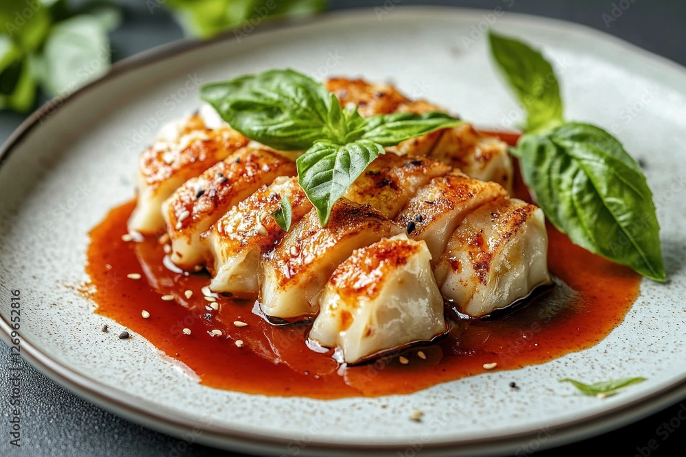 A photo of gyoza with tomato sauce elegantly A photo of gyoza with tomato sauce elegantly