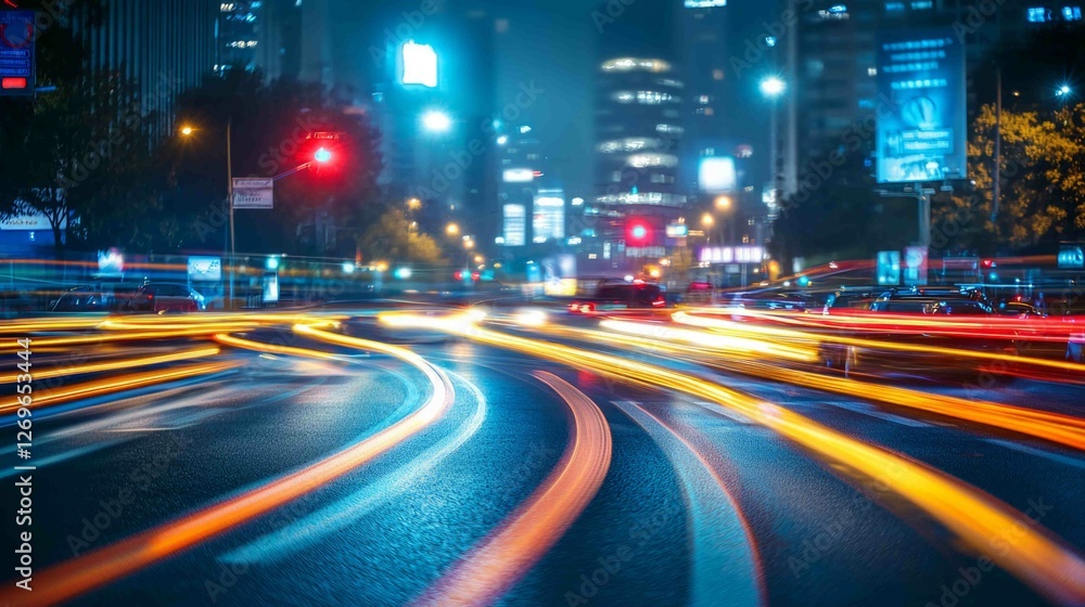 Busy Urban Intersection at Night with Glossy Asphalt and Traffic Lights Busy Urban Intersection at Night with Glossy Asphalt and Traffic Lights