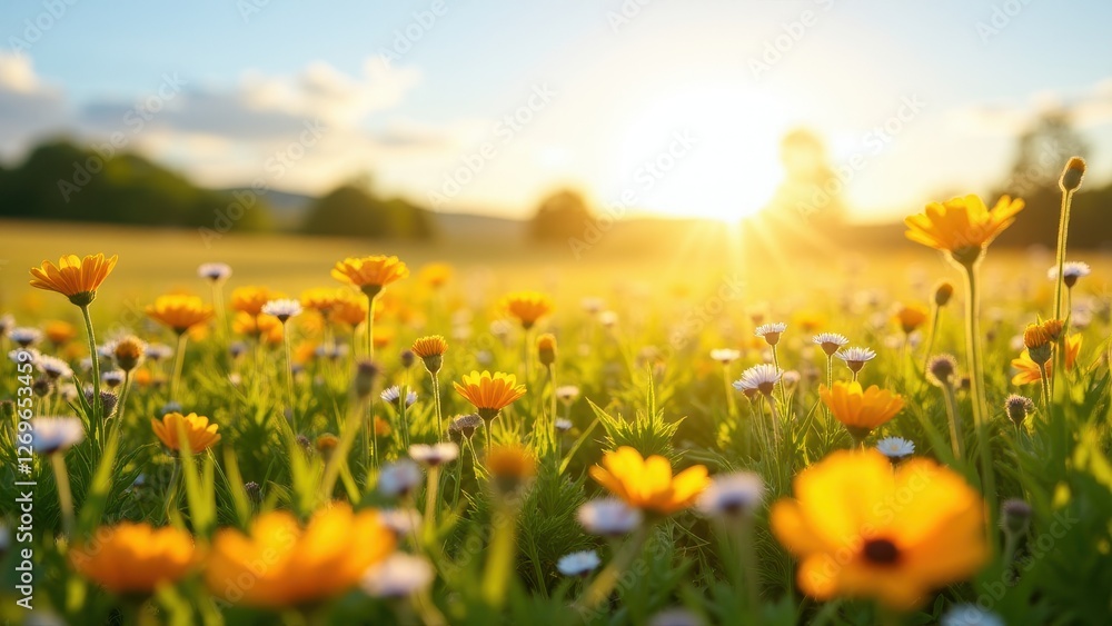 Obraz premium Sun at zenith, Wildflower meadow vibrant midday sun clear horizon photorealistic.