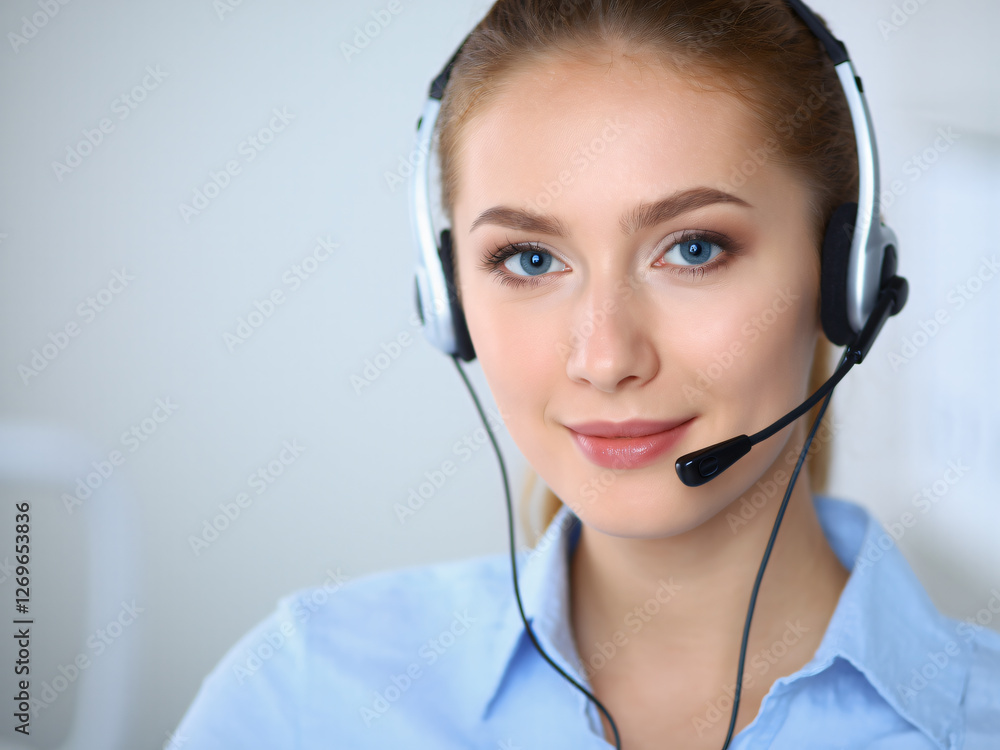 A professional customer service representative wearing a headset, assisting clients with a friendly and confident expression, symbolizing excellent communication, support, and business service quality A professional customer service representative wearing a headset, assisting clients with a friendly and confident expression, symbolizing excellent communication, support, and business service quality