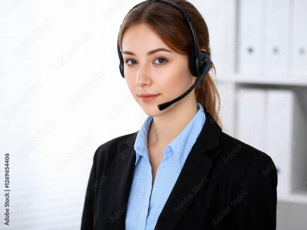 A professional customer service representative wearing a headset, assisting clients with a friendly and confident expression, symbolizing excellent communication, support, and business service quality A professional customer service representative wearing a headset, assisting clients with a friendly and confident expression, symbolizing excellent communication, support, and business service quality