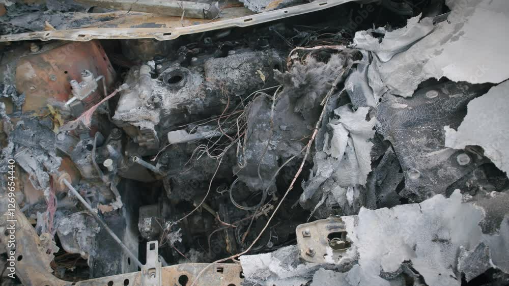 Close-up of a completely destroyed car engine after a devastating fire. Shows burnt metal, exposed wiring, melted components, and debris. A stark image of vehicular damage and destruction. Close-up of a completely destroyed car engine after a devastating fire. Shows burnt metal, exposed wiring, melted components, and debris. A stark image of vehicular damage and destruction.