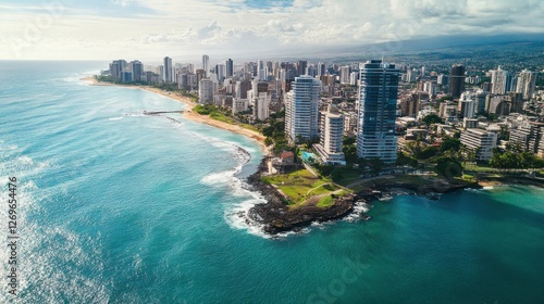 Stunning Aerial View of Honolulu Coastline and Waikiki Skyline, Hawaii