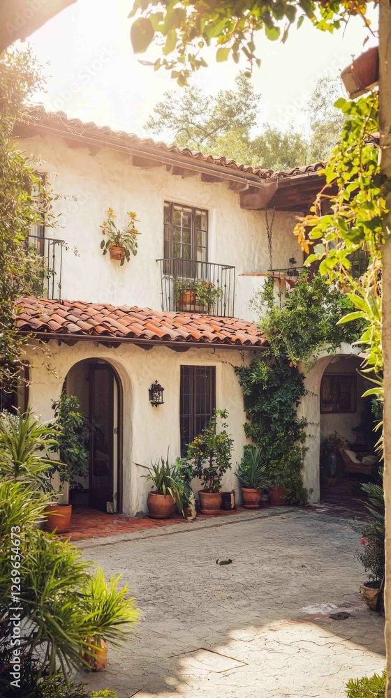 Fototapeta premium Charming Mediterranean Home with Stucco Walls and Lush Gardens