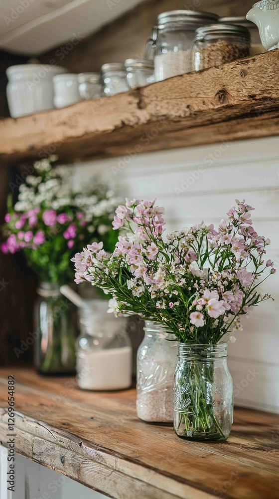 Charming Rustic Kitchen Counter with Fresh Flowers and Jars Charming Rustic Kitchen Counter with Fresh Flowers and Jars