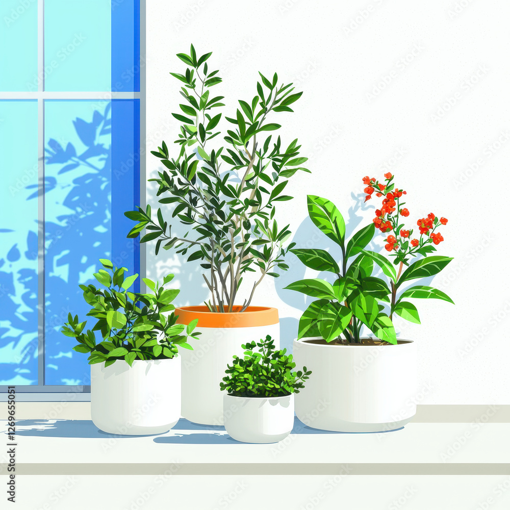 Fototapeta premium vibrant urban garden with potted plants in natural light, showcasing greenery and shadows