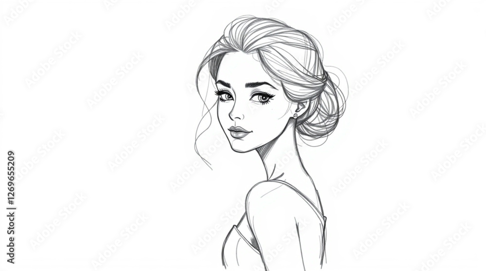 A hand-drawn sketch of a woman, using rough lines and textured pencil strokes on a white background, portraying a graceful and elegant subject with refined features.eps A hand-drawn sketch of a woman, using rough lines and textured pencil strokes on a white background, portraying a graceful and elegant subject with refined features.eps