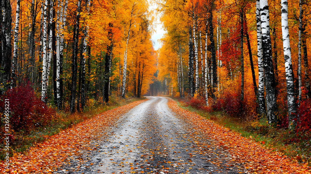 Obraz premium Autumn road through colorful birch forest, misty background, idyllic scenery, nature wallpaper