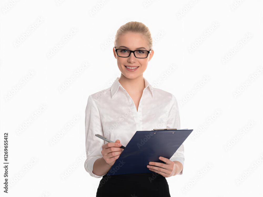 A confident professional woman in a white shirt holding a clipboard, symbolizing business management, organization, and workplace efficiency. A confident professional woman in a white shirt holding a clipboard, symbolizing business management, organization, and workplace efficiency.