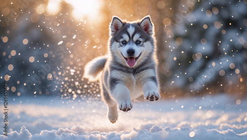 Bellissimo cucciolo di cane di razza Alaskan Malamute corre e gioca sulla neve fresca photo