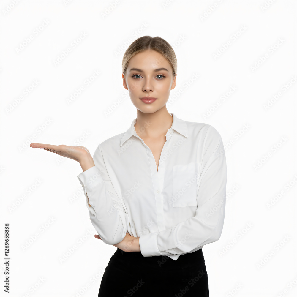A confident businesswoman in a white formal shirt, elegantly presenting with an open hand gesture, symbolizing business promotion, product display, and professional communication. A confident businesswoman in a white formal shirt, elegantly presenting with an open hand gesture, symbolizing business promotion, product display, and professional communication.
