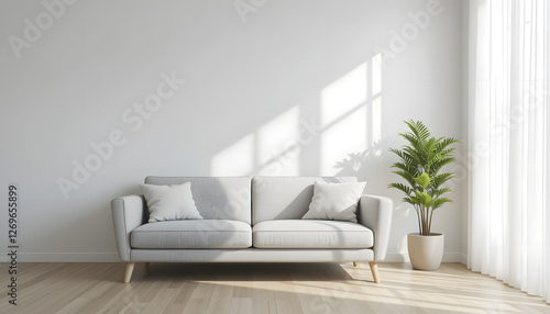 Serene Living Room Featuring Light Gray Sofa and Wooden Flooring with Greenery, Great for Home Style Ideas photo