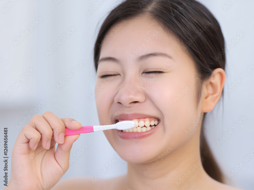 A young woman happily brushing her teeth with a pink toothbrush, showcasing a bright smile and good oral hygiene. The image represents a daily dental care routine and the importance of maintaining hea A young woman happily brushing her teeth with a pink toothbrush, showcasing a bright smile and good oral hygiene. The image represents a daily dental care routine and the importance of maintaining hea