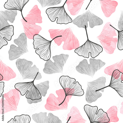 Seamless floral pattern with gingko leaf. Pink and grey leaves vector print